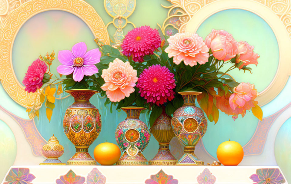 Colorful flowers and citrus fruits in ornate vases on decorated table.