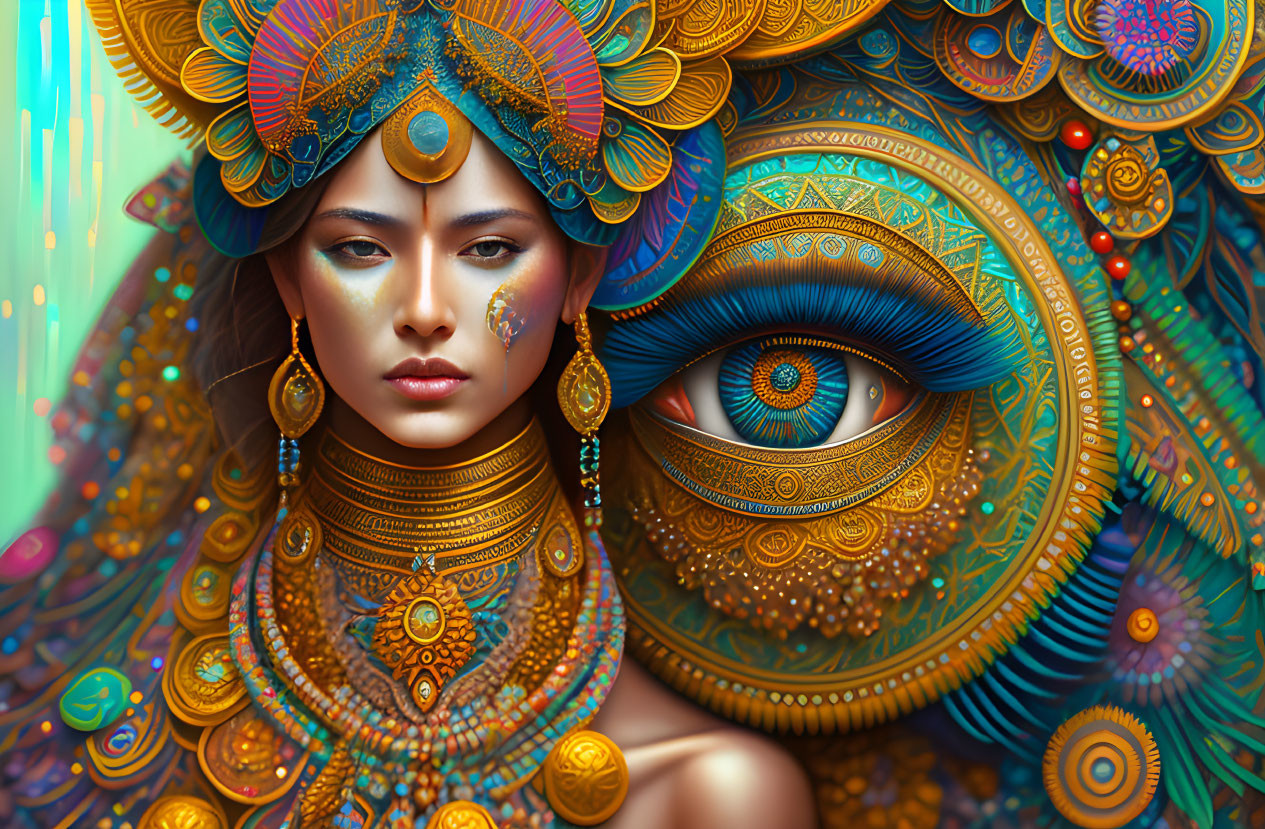 Colorful digital artwork: woman with golden jewelry and eye motif on peacock feather backdrop