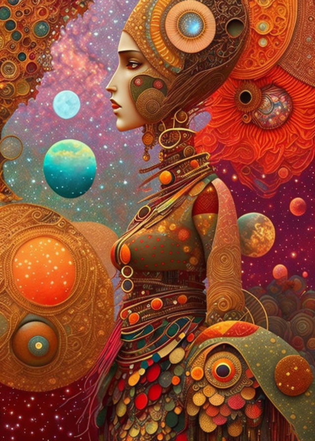 Colorful cosmic-themed illustration with woman, celestial bodies, and ornate patterns on cosmic background