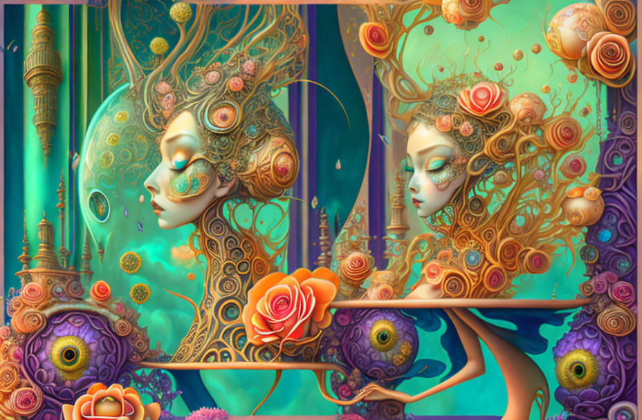 Surreal Artwork: Stylized Female Faces with Ornate Floral and Architectural Elements