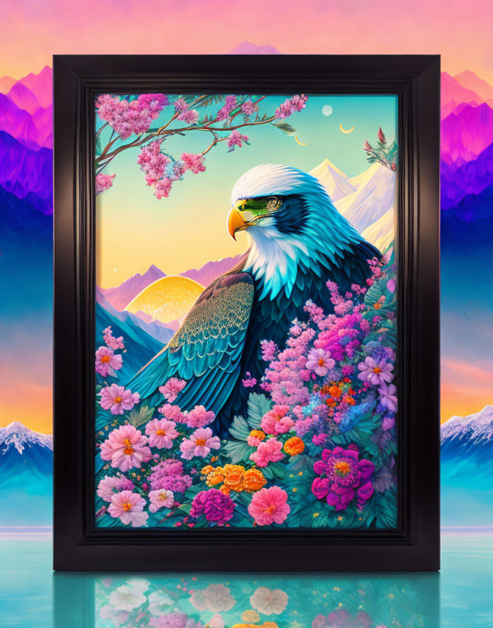 Colorful Framed Artwork: Stylized Eagle, Flowers, Mountains, Sunset