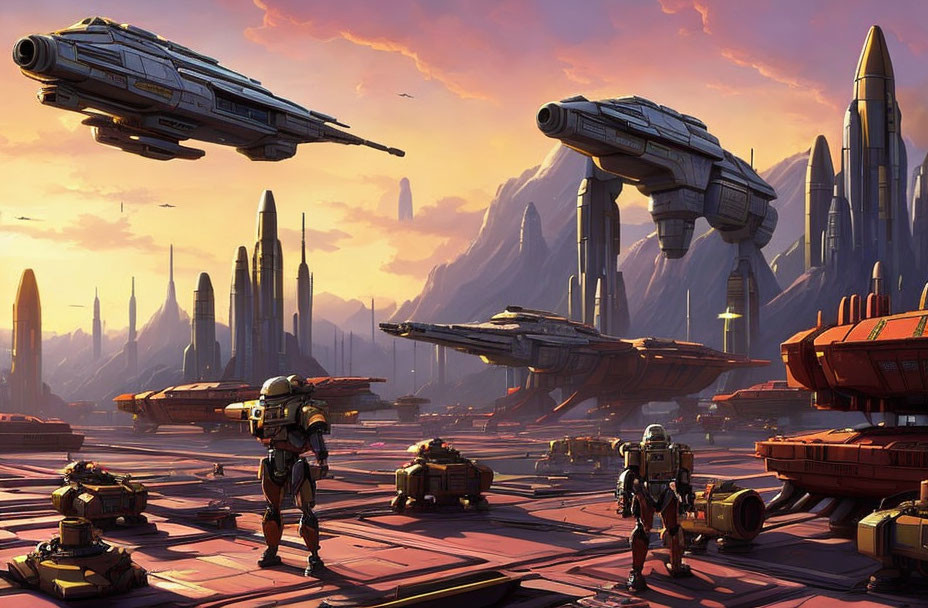 Futuristic cityscape with spaceships and armored figures in pink sky