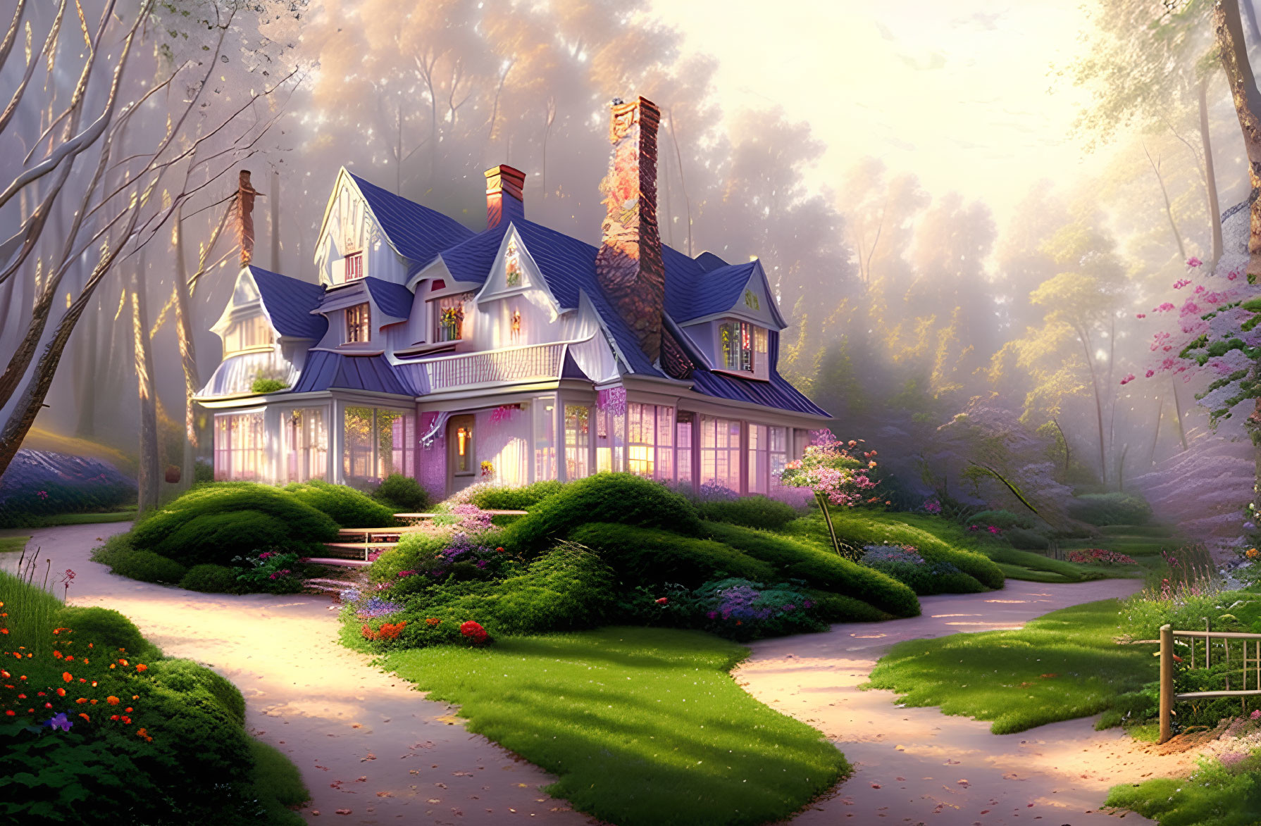 Victorian-style House in Sunlit Forest Clearing