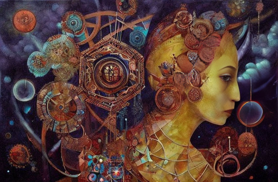 Surreal profile view of a woman with mechanical gears and cosmic elements.