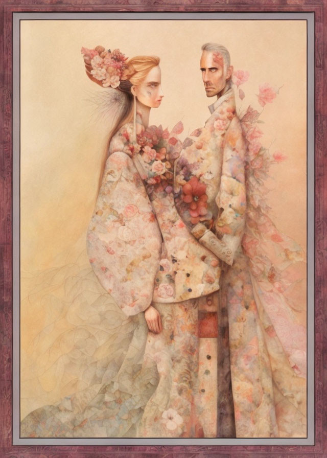 Man and woman in ornate attire with somber expression, surrounded by floral border.