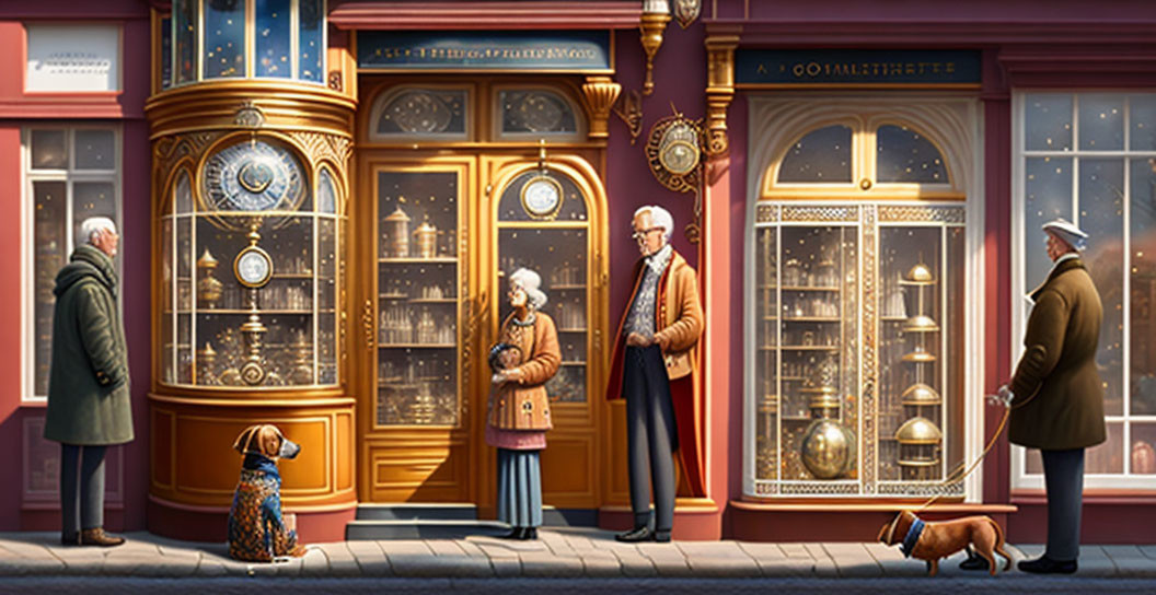 Illustrated scene: Quaint clock shop with passersby, elderly couple, and dogs