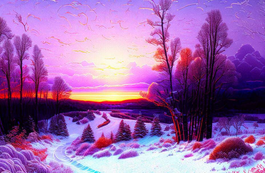 Digital Artwork: Snowy Sunset Landscape with Pink and Purple Hues