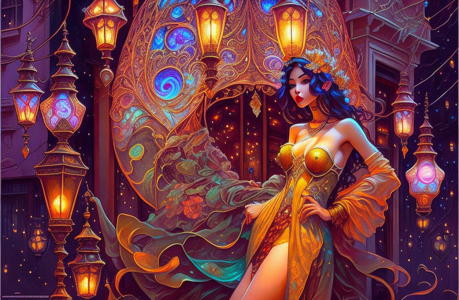 Illustration of woman in golden gown with ornate lanterns