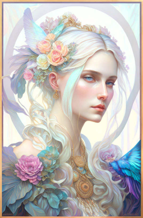 Ethereal portrait of woman with pale skin, blonde hair, flowers, feathers, butterfly, and