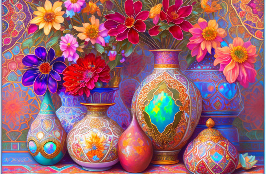 Colorful ornate vases with intricate patterns on mosaic background and vibrant flowers