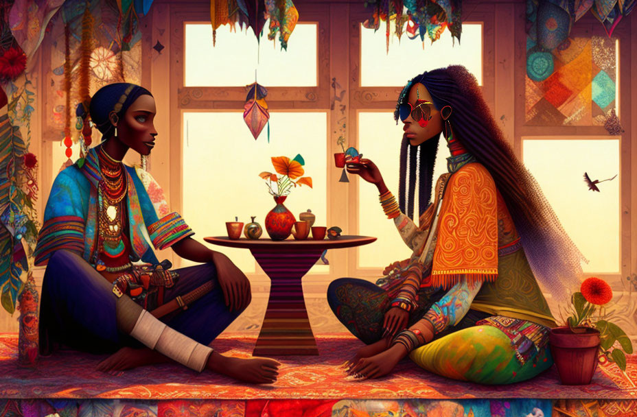 Stylized women in colorful attire in vibrant room