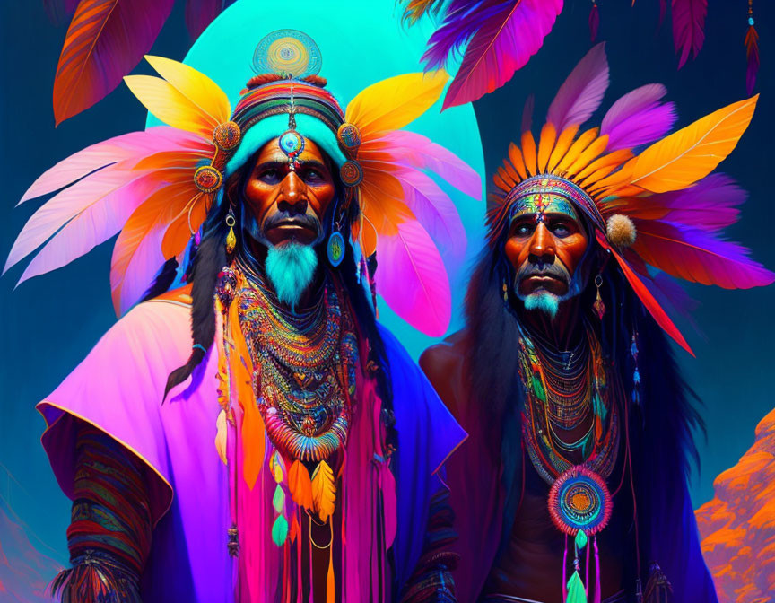 Vibrant Native American headdresses and clothing with intricate beadwork on stylized background