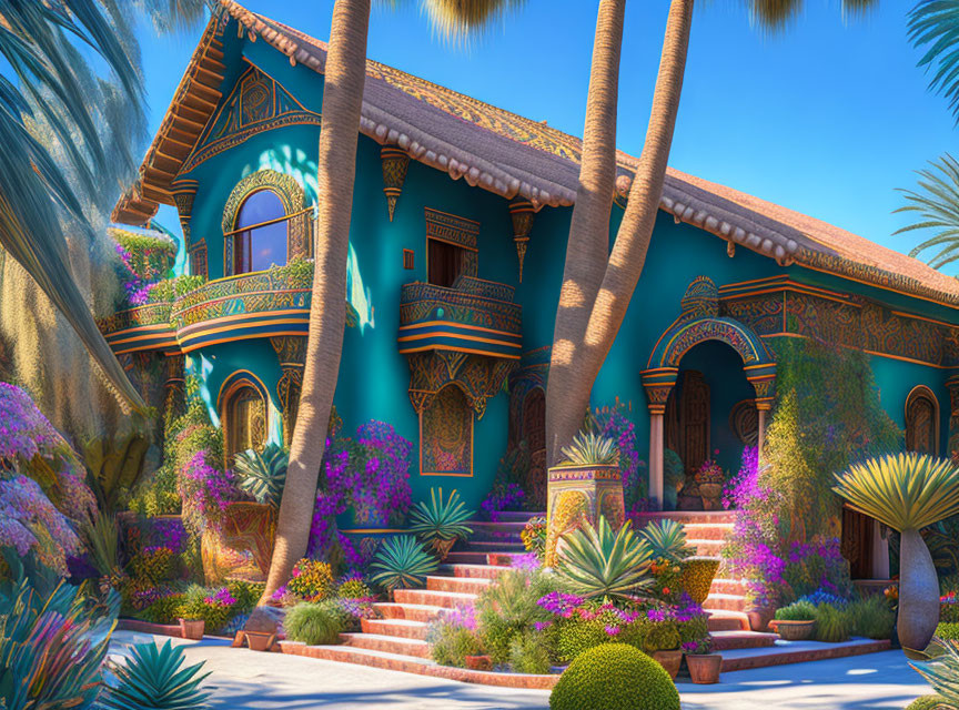 Traditional Villa Surrounded by Palms and Flowers in Clear Blue Sky