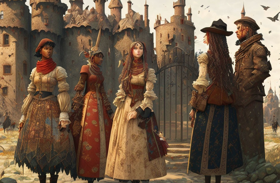 Four Renaissance characters near castle in fantasy setting