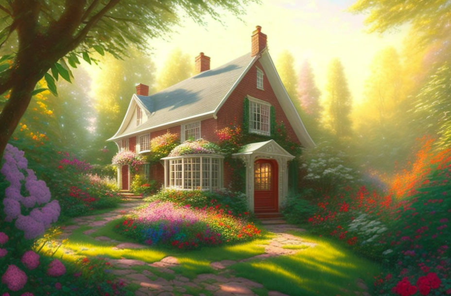 Red-roofed cottage in lush garden under warm sunlight