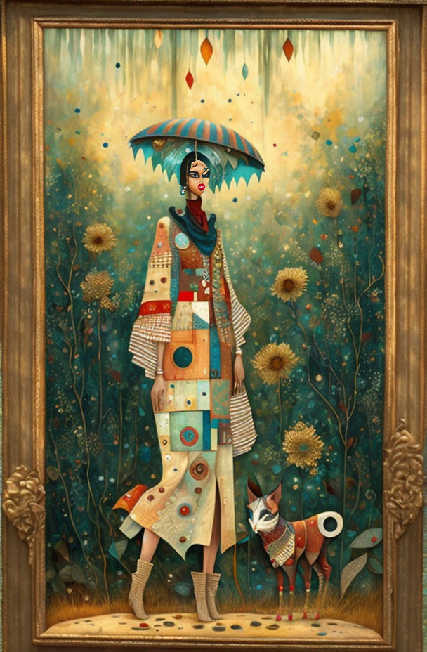 Colorful painting of woman with umbrella and dog in whimsical setting