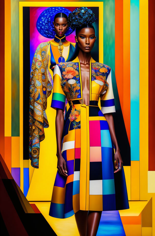 Vibrant high-fashion models in patterned outfits on colorful background