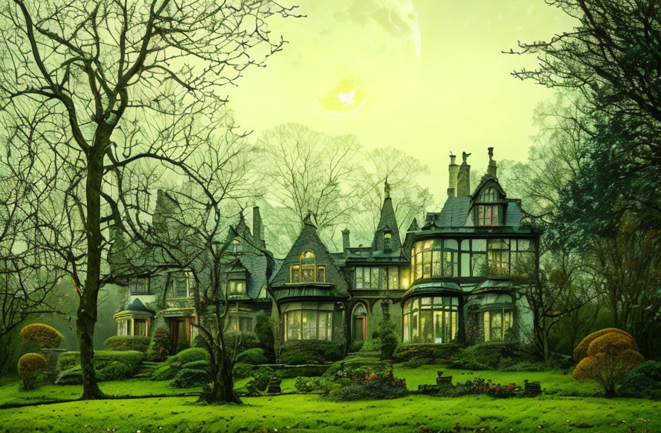 Gothic-style mansion in misty garden with eerie twilight light