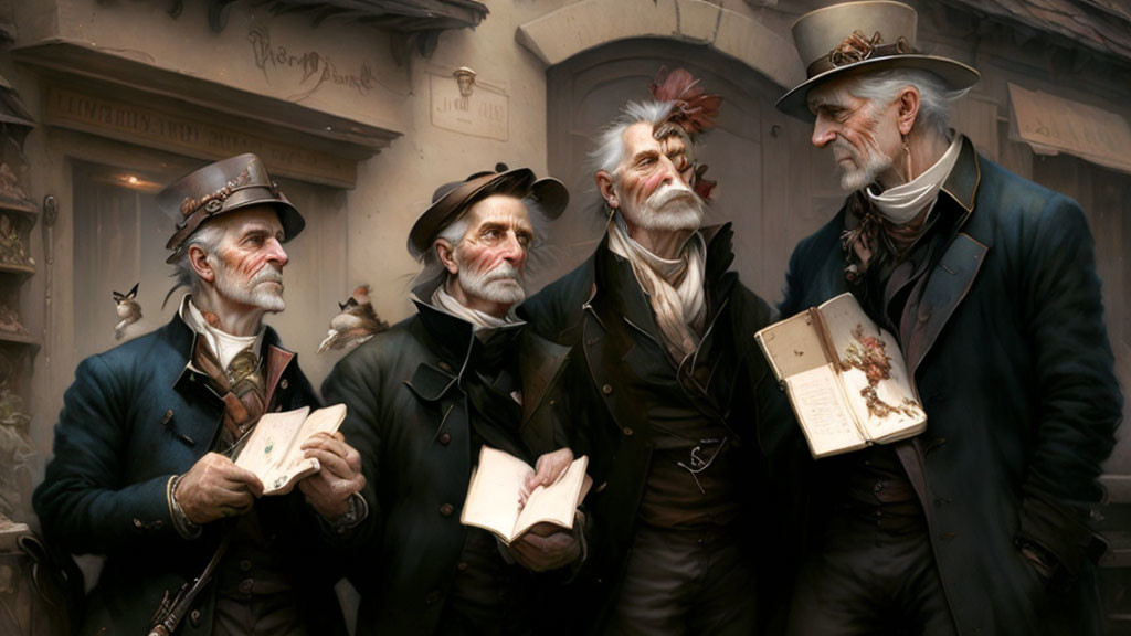 Vintage Attired Elderly Gentlemen with Books in Classic Streetscape