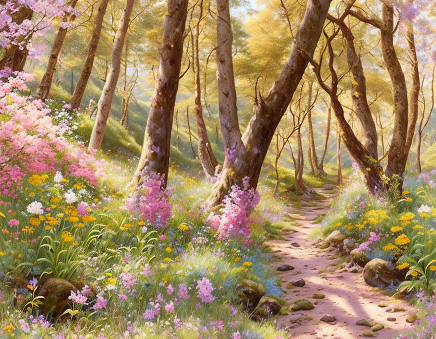 Tranquil woodland path with pink and white flowers and dappled sunlight