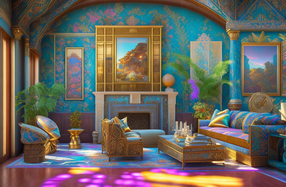 Luxurious Room with Golden Accents, Blue Walls, Fireplace, Plush Seating, and Bed