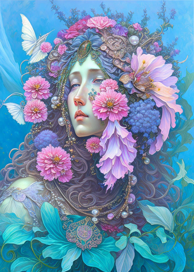 Surreal portrait of woman with pastel flowers and butterflies in hair