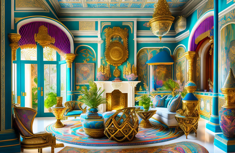 Luxurious Room with Blue and Gold Arabesque Designs