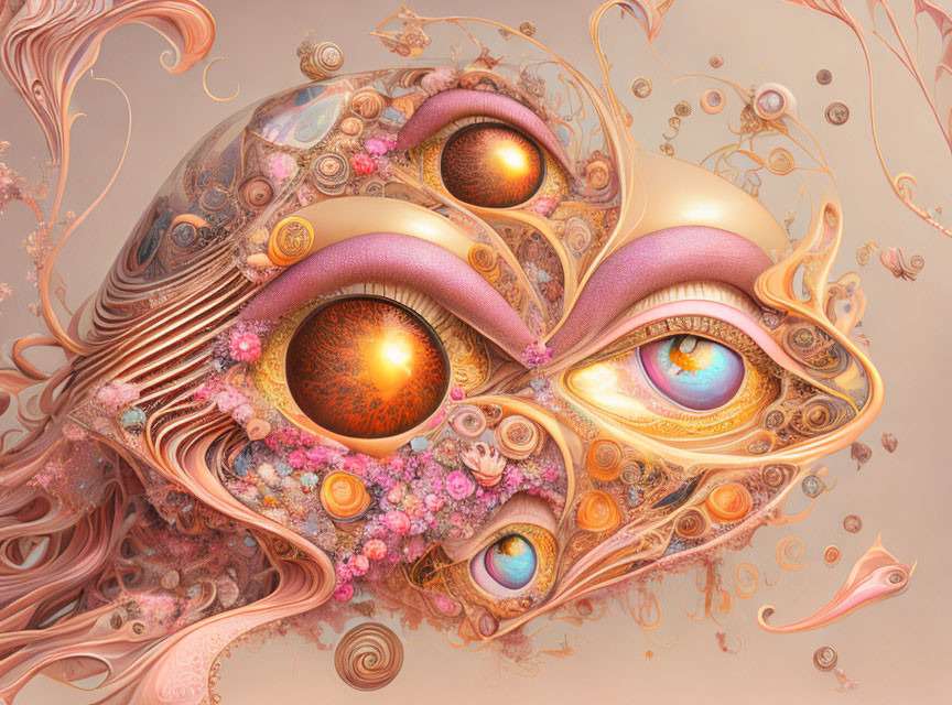 Detailed surreal digital artwork: eye-like structures in flowing scene with pink and orange palette