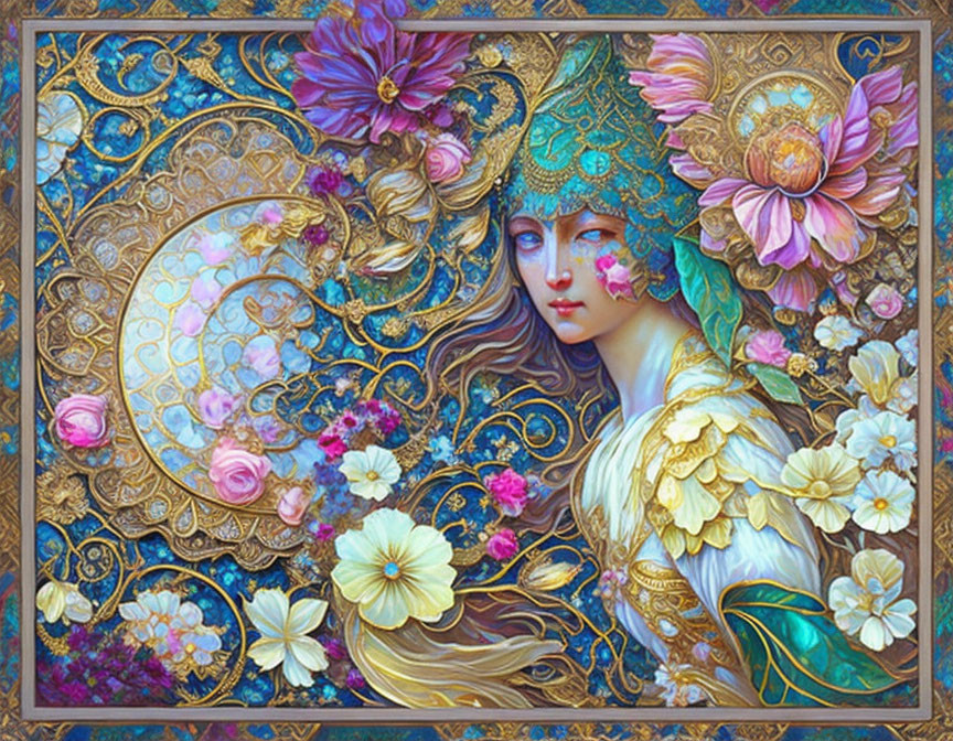 Detailed artwork of woman in golden headdress with colorful flowers on decorative background