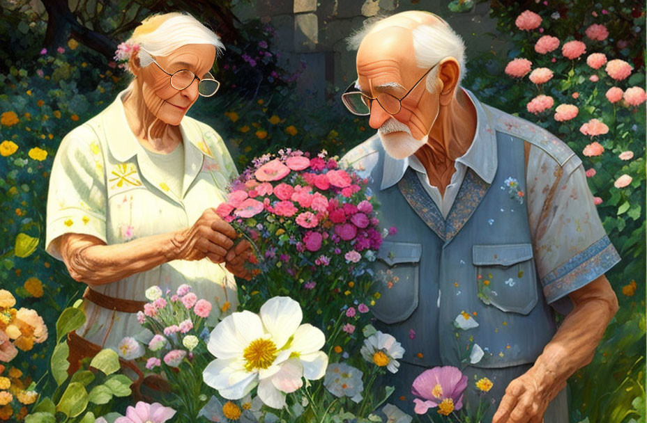 Elderly couple tending colorful flowers in lush garden