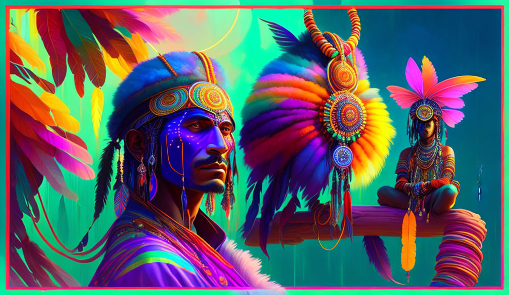 Native American figures in colorful attire against neon background