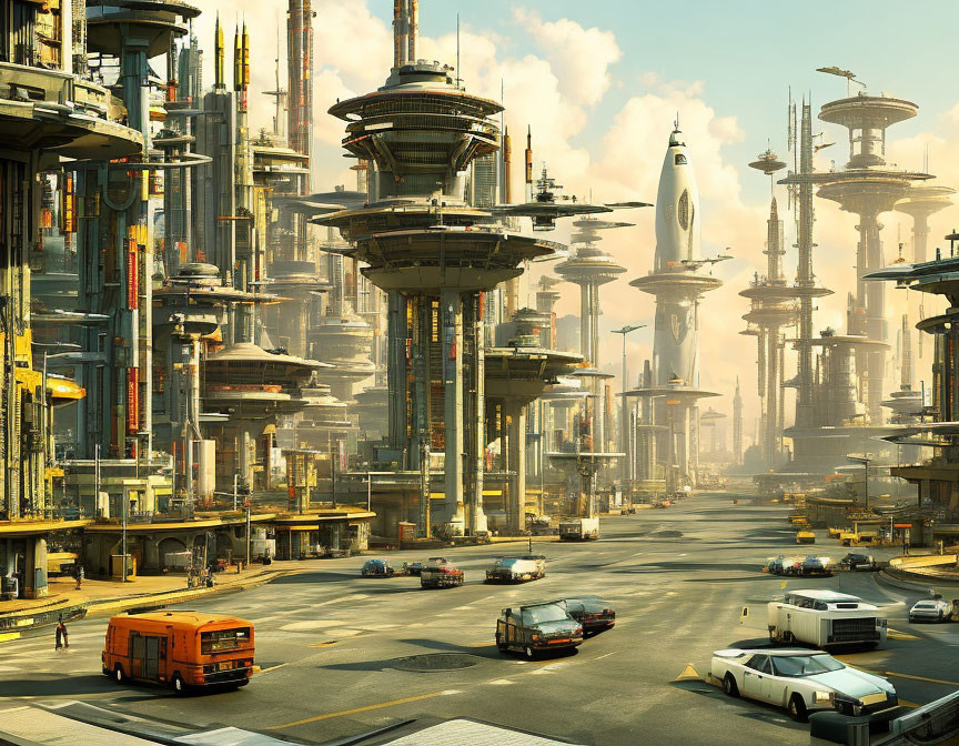 Futuristic cityscape with skyscrapers, flying vehicles, and busy streets