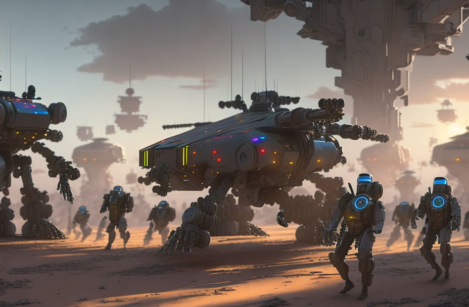 Robots and aircraft in futuristic alien landscape