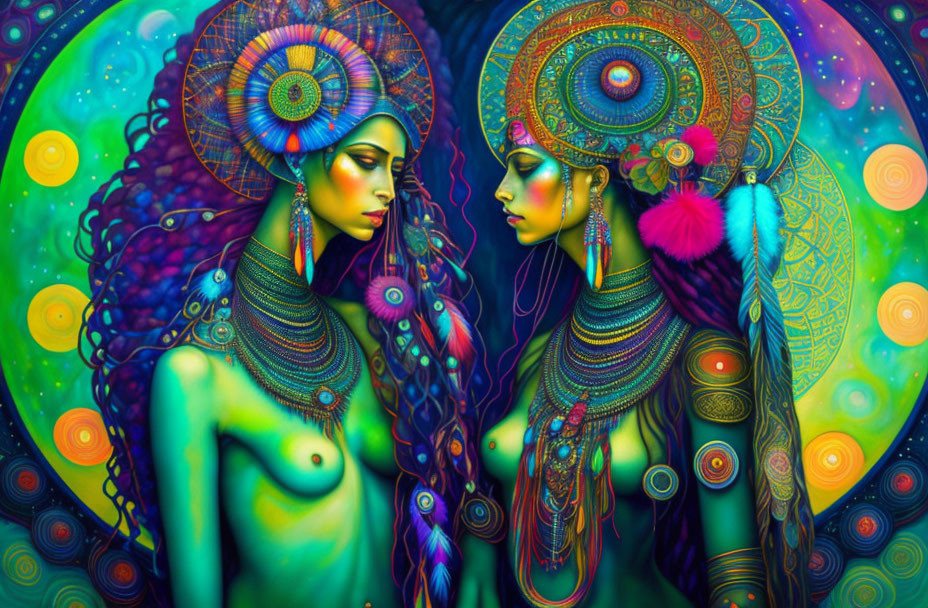 Vibrant psychedelic illustration of two women with intricate headdresses and jewelry against circular patterned background