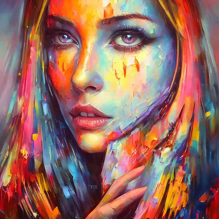 Colorful Portrait of Woman with Paint Streaks and Blue Eyes