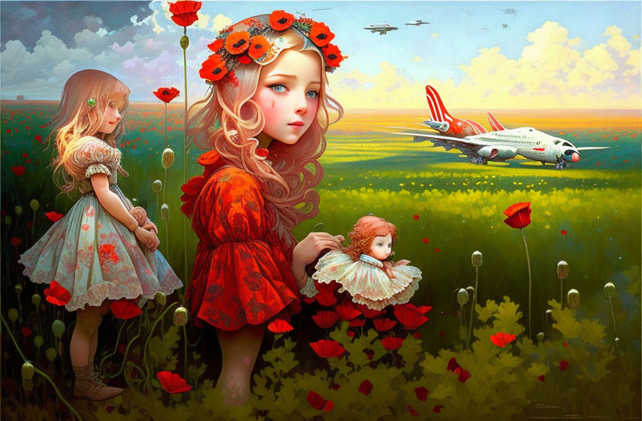 Digital artwork of girl in red dress in poppy field with doll and airplane.