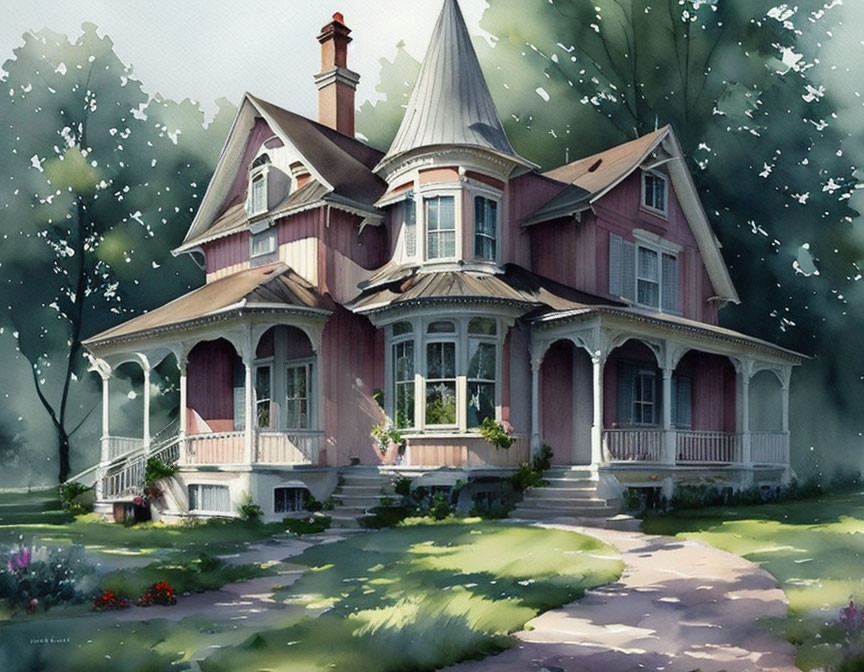 Victorian house with turret, wrap-around porch, and lush garden in serene setting