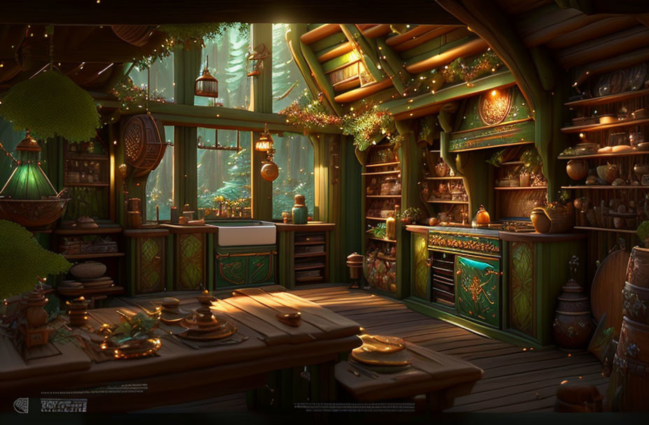 Warm, dimly-lit wooden cabin interior with green decorations, lanterns, fireplace, and dining