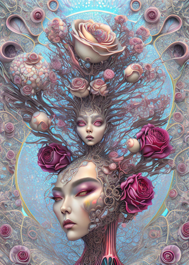 Surreal digital artwork: Two female faces, tree with pink rose blooms, intricate patterns, swirling