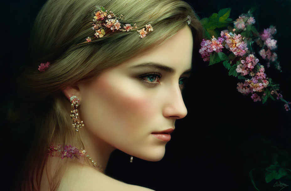 Woman portrait with floral hairpiece and earrings against blooming branch backdrop.