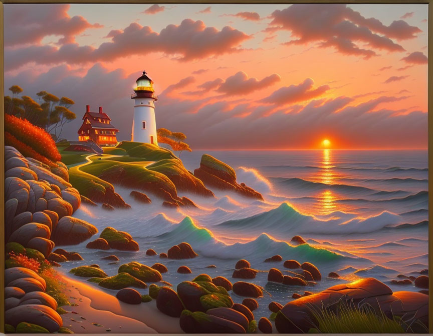 Scenic lighthouse on grassy cliffs at sunset with ocean waves and boulders