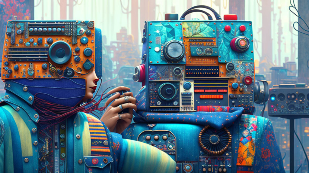 Colorful surreal artwork: figures with electronic heads in cityscape