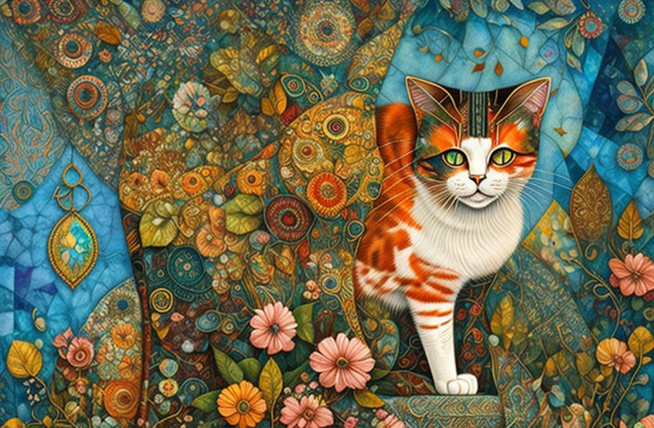 Colorful Cat Illustration Among Floral Patterns and Ornamental Designs