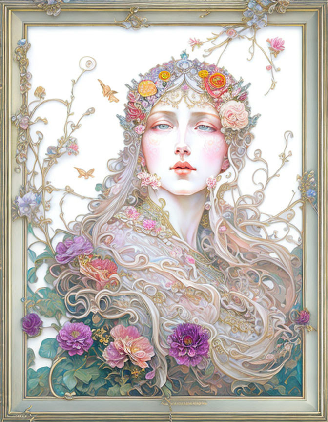 Intricate floral headpiece on woman in ornate frame