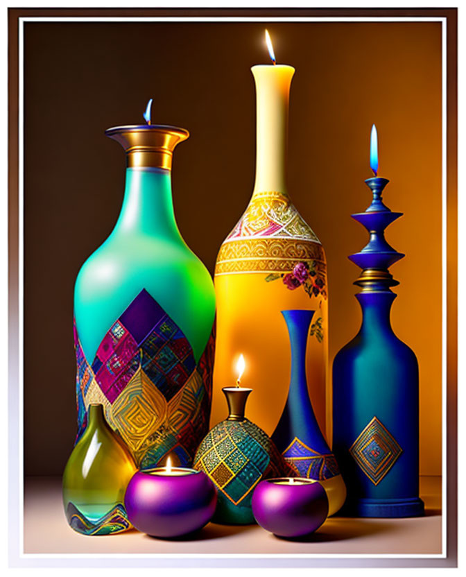 Colorful Ornate Bottles with Lit Candles and Burning Flame in Purple Vessel