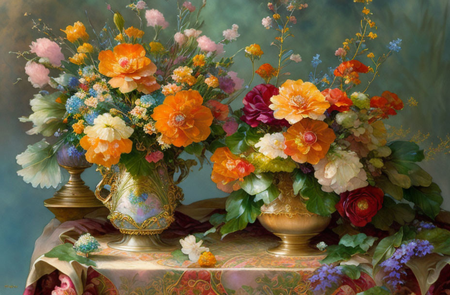 Vibrant assorted flowers in golden vases on draped table in oil painting