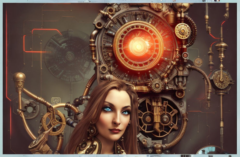 Digital artwork: Woman with striking blue eyes and steampunk gears.