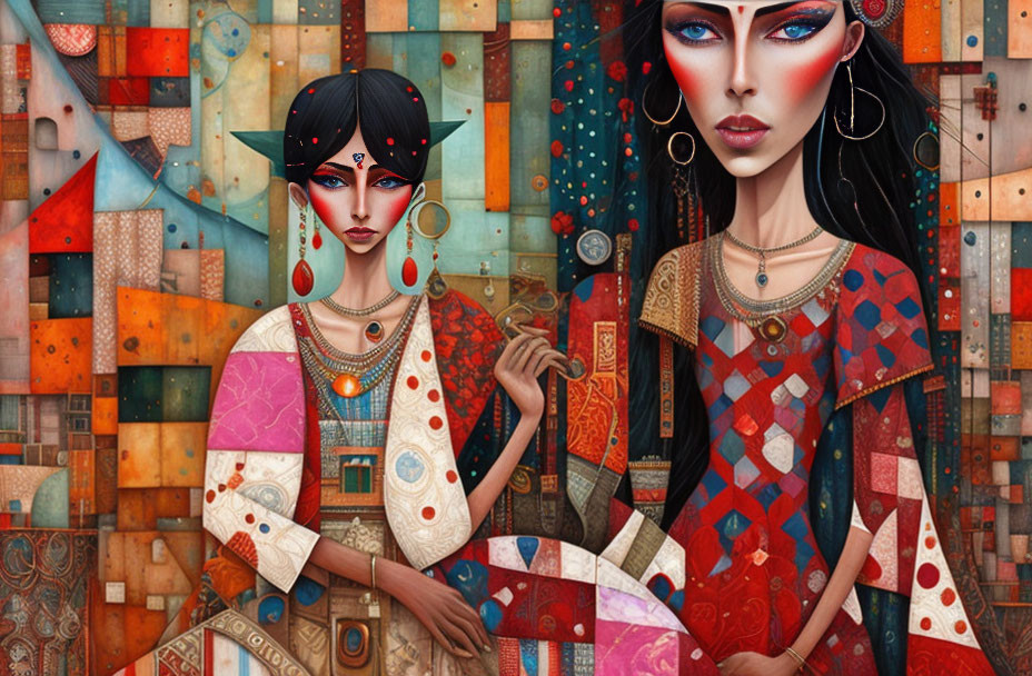 Stylized women with ethnic jewelry in colorful digital art