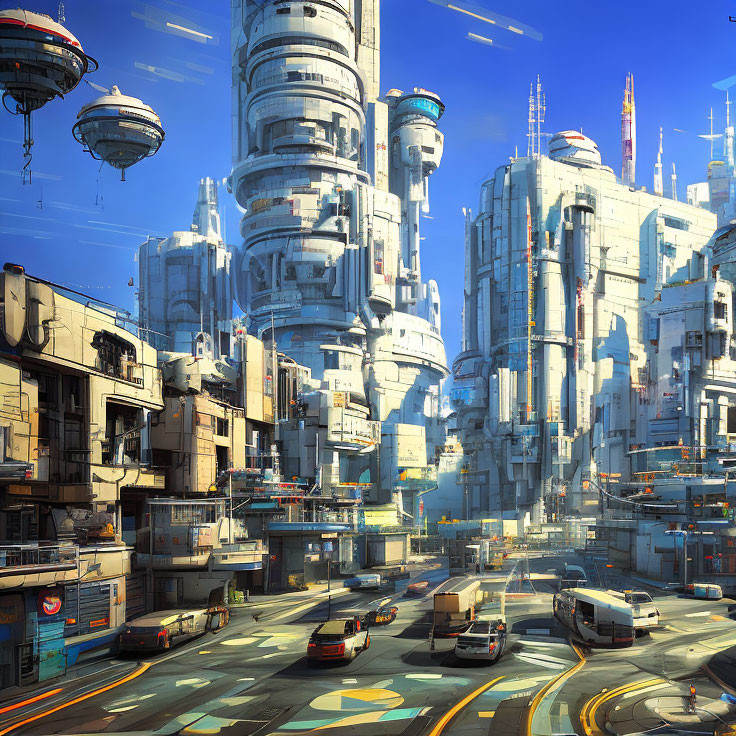 Futuristic cityscape with skyscrapers and flying vehicles