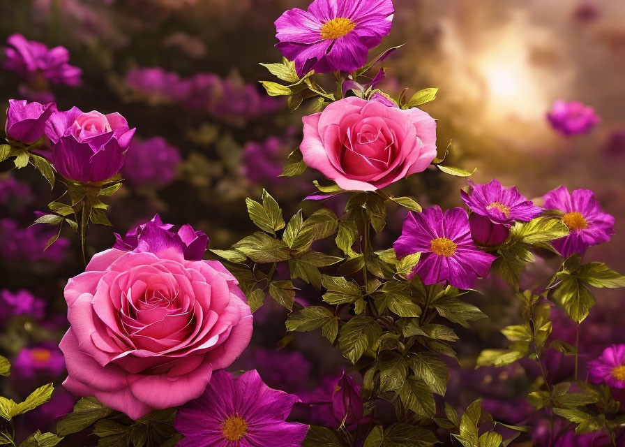 Colorful floral arrangement with pink roses and purple flowers on a green leaf backdrop.